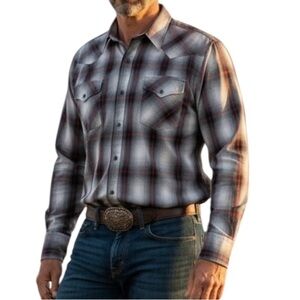 Ely Cattleman Black Red Plaid Black Snap Long Sleeve Western Shirt Size XXL